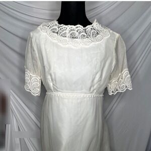 60s/ 70s Vintage White Lace Trimmed Maxi Dress Union Made ILGWU Wedding Formal